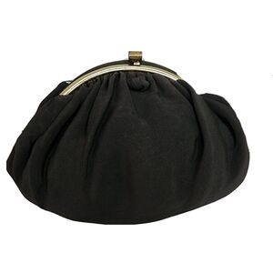 Vintage Gathered Clutch BAG Black Fabric w Coin Satin Lined  Gold Clasp Closure